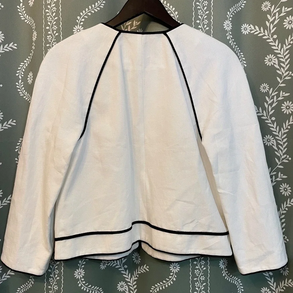 NEW J.Crew Linen Blazer Jacket White Black Piping‎ Zip Front 3/4 Sleeve Sz 12